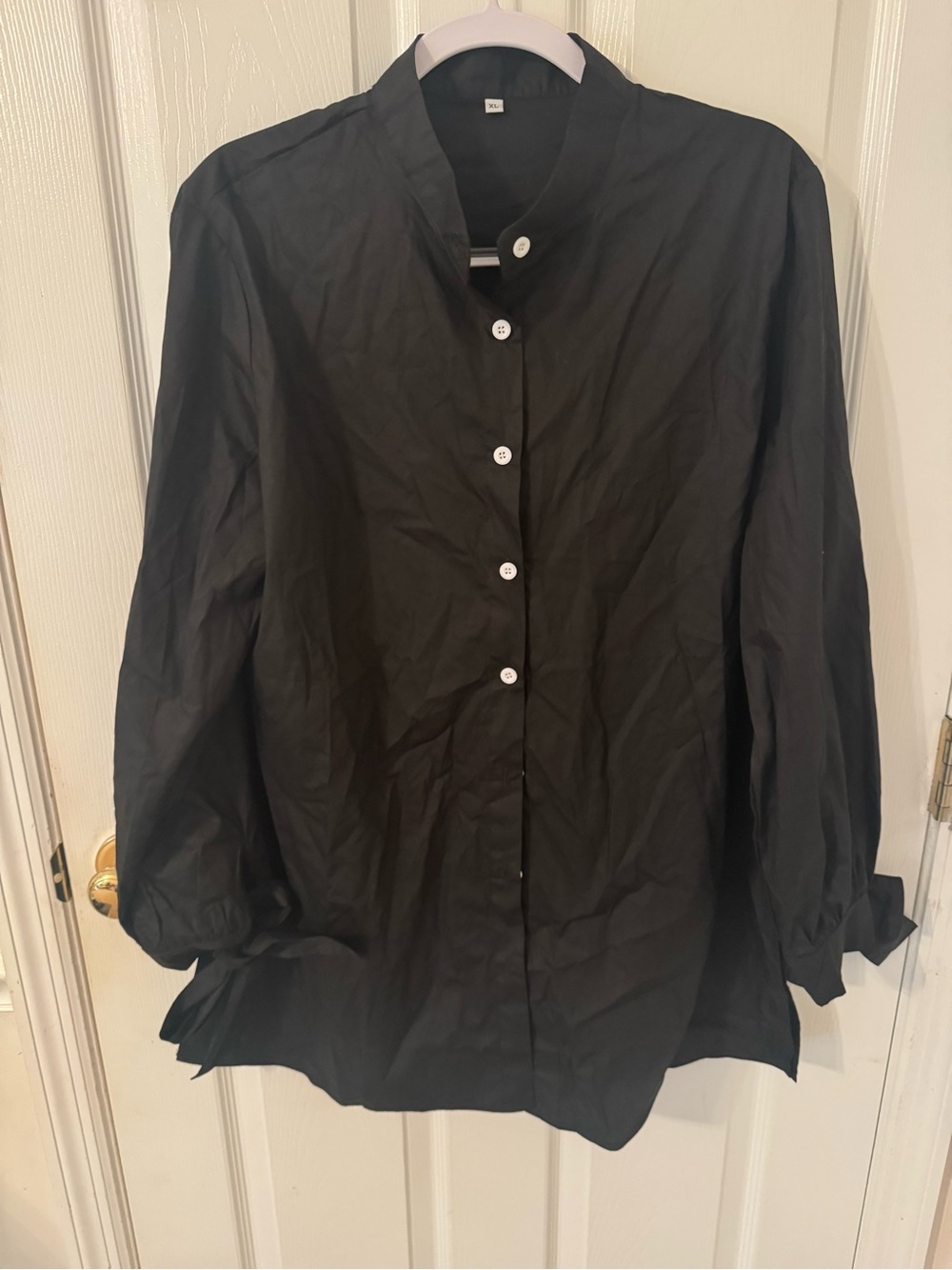 Black Button-Front Mandarin Collar Blouse